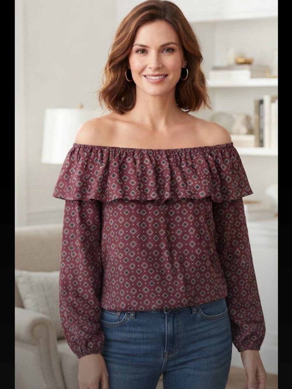 Michael Michael Kors Burgundy Off-Shoulder Ruffle Blouse